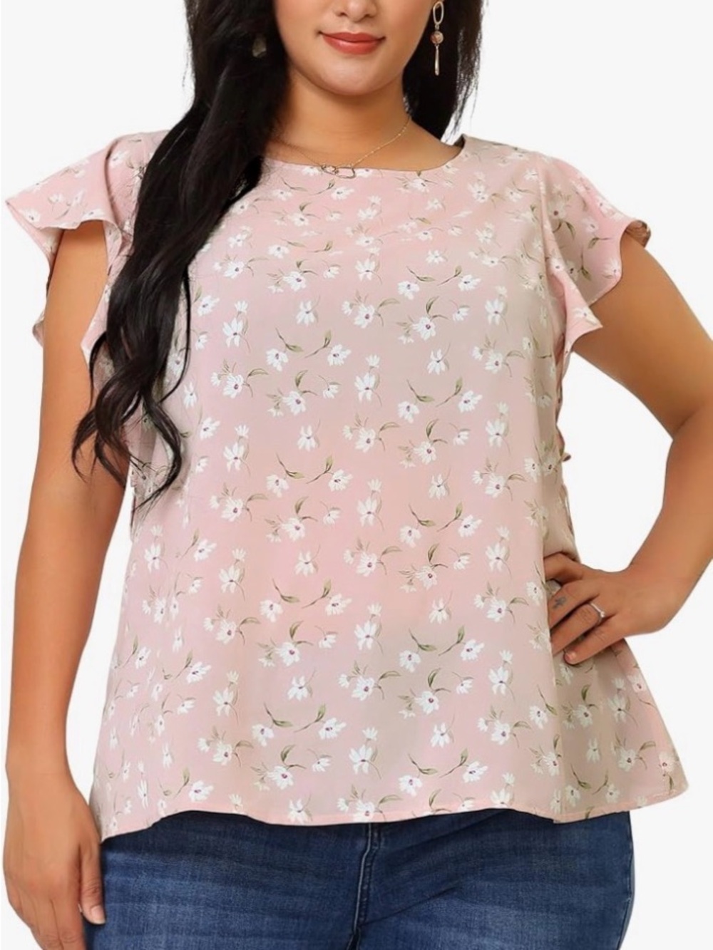 Agnes Orinda Women Plus Size Summer Pink Floral Flutter Sleeves Tie Waist Blouse